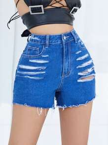Studded Detail Ripped Frayed Hem Denim Shorts