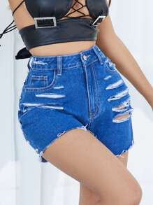 Studded Detail Ripped Frayed Hem Denim Shorts