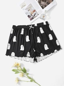 Plus Halloween Print Lettuce Trim Sleep Shorts - Black - View 1