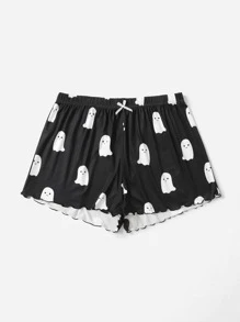 Plus Halloween Print Lettuce Trim Sleep Shorts - Black - View 3