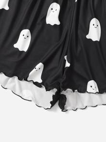 Plus Halloween Print Lettuce Trim Sleep Shorts - Black - View 5