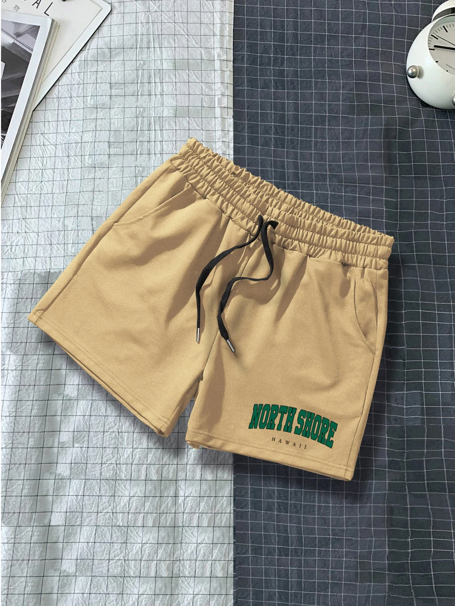 Aesthetic Post 男士字母圖案腰部抽繩短褲 - 卡其色 - 查看 1