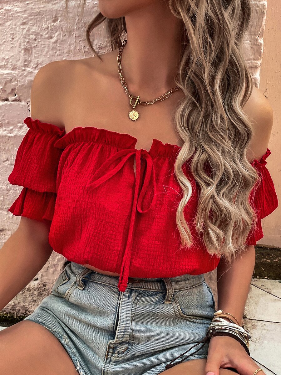 一字領木耳邊襯衫 - 紅色 - 查看 1