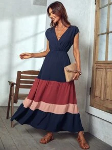 SHEIN LUNE Colorblock Surplice Neck Dress - Navy Blue - View 1