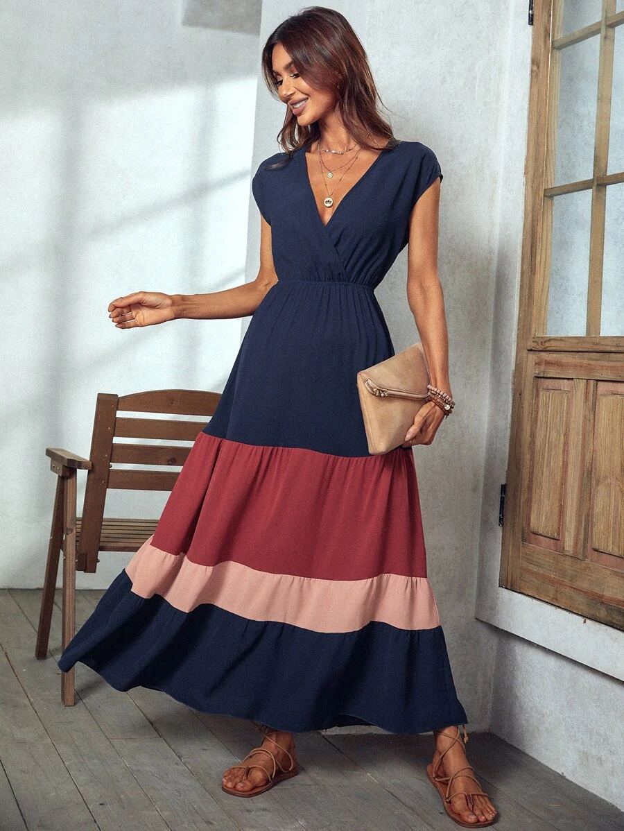 SHEIN LUNE Colorblock Surplice Neck Dress - Navy Blue - View 1