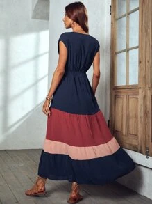 SHEIN LUNE Colorblock Surplice Neck Dress - Navy Blue - View 2