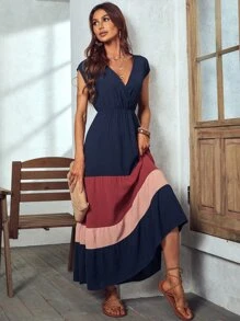 SHEIN LUNE Colorblock Surplice Neck Dress - Navy Blue - View 3