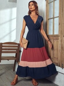 SHEIN LUNE Colorblock Surplice Neck Dress - Navy Blue - View 5