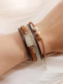 Vòng đeo tay xếp lớp trang trí rhinestone - Màu Khaki - Xem 2