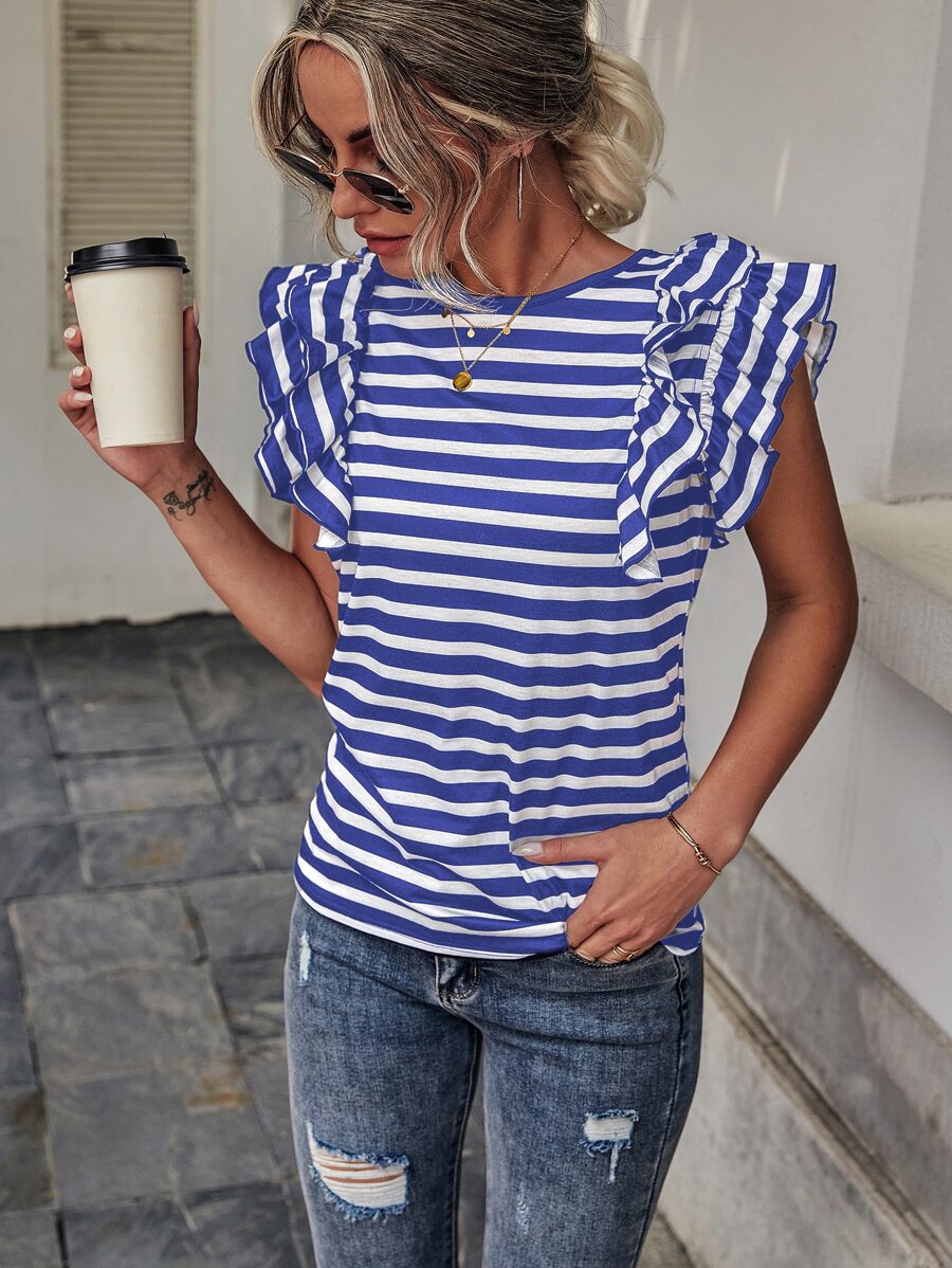 SHEIN LUNE Camiseta de rayas de manga mariposa - Azul y blanco - Ver 1