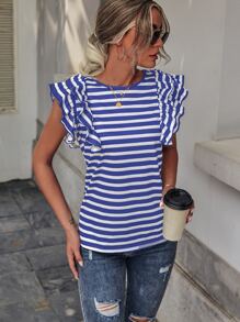 SHEIN LUNE Camiseta de rayas de manga mariposa - Azul y blanco - Ver 3