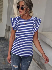 SHEIN LUNE Camiseta de rayas de manga mariposa - Azul y blanco - Ver 4