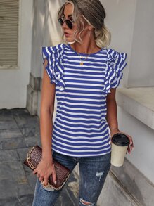 SHEIN LUNE Camiseta de rayas de manga mariposa - Azul y blanco - Ver 5