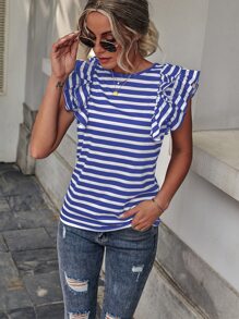 SHEIN LUNE Camiseta de rayas de manga mariposa - Azul y blanco - Ver 6