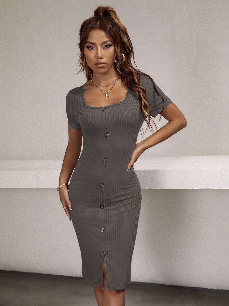 Đầm Chia Gân đan Nút phía trước màu trơn Thanh lịch - Xám - Xem 1