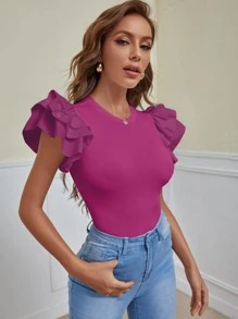 SHEIN Privé 蛋糕袖羅紋素色連身背心 - 玫紅色 - 查看 3