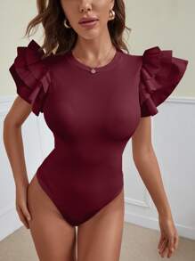SHEIN Privé 蛋糕袖羅紋素色連身背心 - 酒紅色 - 查看 1