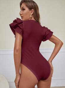SHEIN Privé 蛋糕袖羅紋素色連身背心 - 酒紅色 - 查看 2