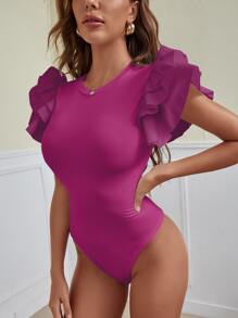 SHEIN Privé 蛋糕袖羅紋素色連身背心 - 玫紅色 - 查看 5