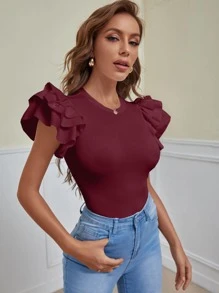SHEIN Privé 蛋糕袖羅紋素色連身背心 - 酒紅色 - 查看 3