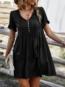 Tie Neck Flounce Sleeve Smock Dress - Black - View 1