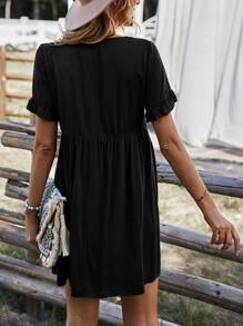 Tie Neck Flounce Sleeve Smock Dress - Black - View 2