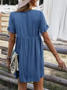 Breezaya V Neck Fringe Babydoll Dress - Blue - View 2