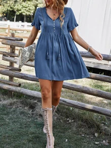 Breezaya V Neck Fringe Babydoll Dress - Blue - View 6