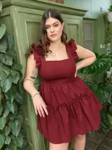 Dreamara Vestido bohemio de verano con volantes en los brazos y bajo con vuelo de talla grande - Burdeos - Ver 4