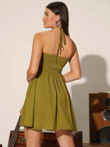 SHEIN VCAY Đầm Lộ Lưng Cắt ra Xù Buộc lại Dải chun màu trơn Boho - Màu xanh Ô liu - Xem 2