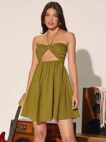 SHEIN VCAY Đầm Lộ Lưng Cắt ra Xù Buộc lại Dải chun màu trơn Boho - Màu xanh Ô liu - Xem 5