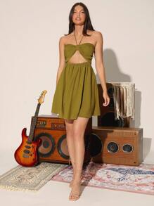 SHEIN VCAY Đầm Lộ Lưng Cắt ra Xù Buộc lại Dải chun màu trơn Boho - Màu xanh Ô liu - Xem 3