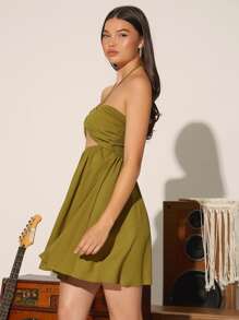 SHEIN VCAY Đầm Lộ Lưng Cắt ra Xù Buộc lại Dải chun màu trơn Boho - Màu xanh Ô liu - Xem 4