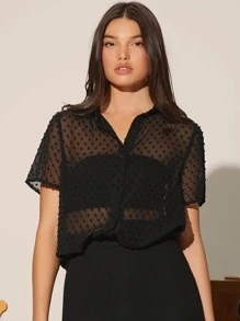SHEIN Essnce Swiss Dot Chiffon Shirt Without Tube Top - Black - View 1