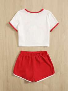 SHEIN 小女童彩虹和標語圖案滾邊T恤和短褲 - 紅白色 - 查看 2
