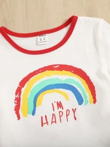 SHEIN 小女童彩虹和標語圖案滾邊T恤和短褲 - 紅白色 - 查看 3