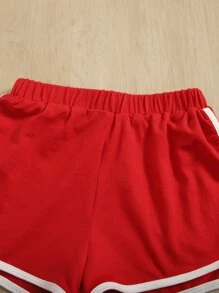 SHEIN 小女童彩虹和標語圖案滾邊T恤和短褲 - 紅白色 - 查看 4