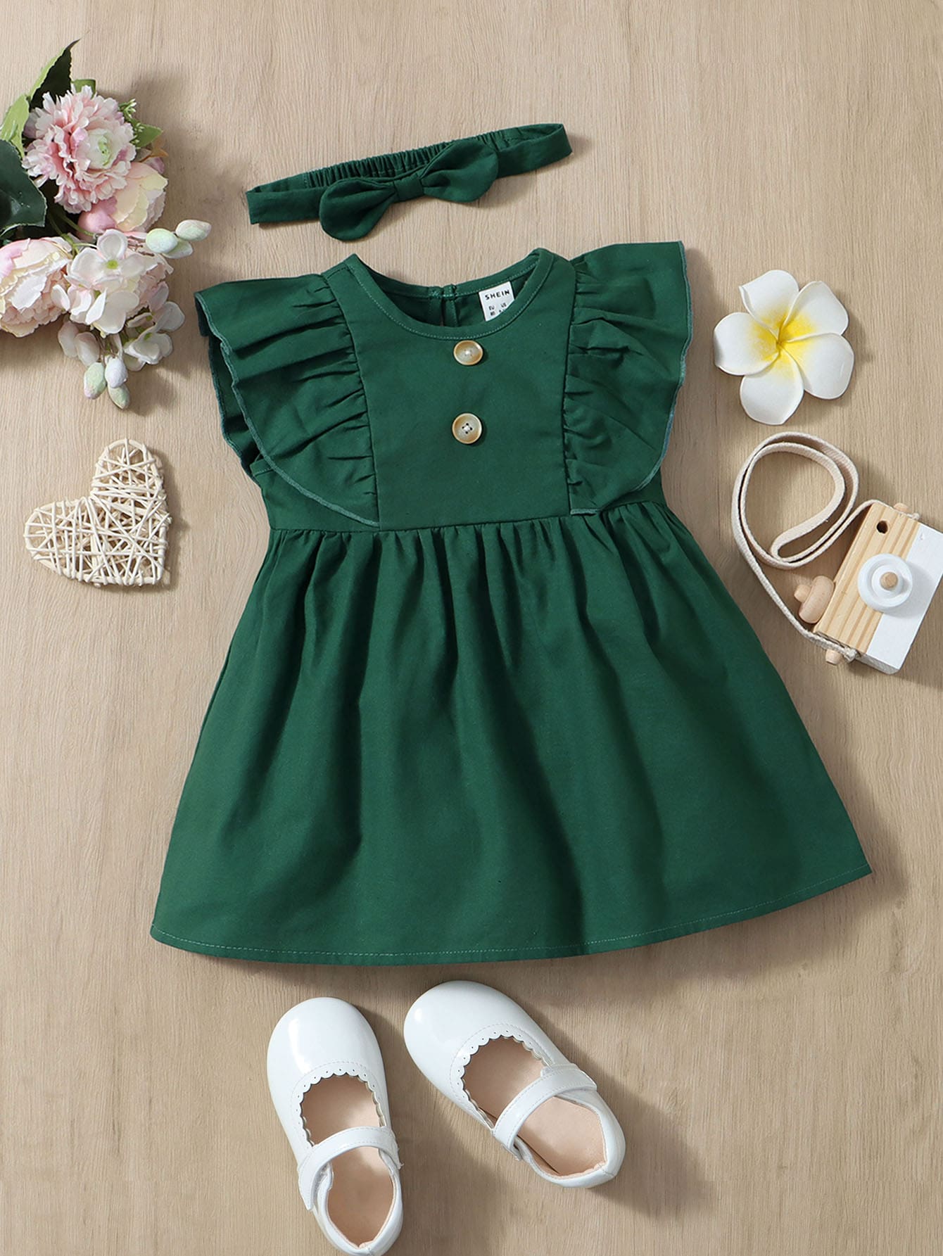 SHEIN Đầm em bé Nút Cắt ra Xù màu trơn Dễ thương - Màu xanh lá cây đậm - Xem 1