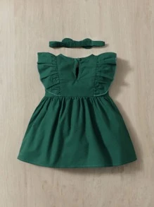 SHEIN Đầm em bé Nút Cắt ra Xù màu trơn Dễ thương - Màu xanh lá cây đậm - Xem 2