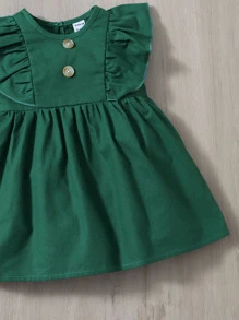 SHEIN Đầm em bé Nút Cắt ra Xù màu trơn Dễ thương - Màu xanh lá cây đậm - Xem 3