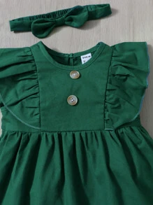 SHEIN Đầm em bé Nút Cắt ra Xù màu trơn Dễ thương - Màu xanh lá cây đậm - Xem 4