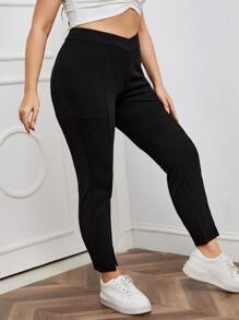 SHEIN Essnce 大碼下擺開叉素色緊身打底褲 - 黑色 - 查看 3