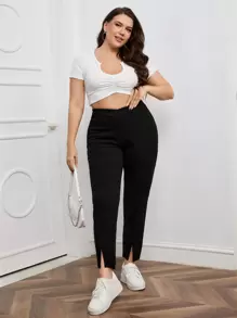 SHEIN Essnce 大碼下擺開叉素色緊身打底褲 - 黑色 - 查看 5