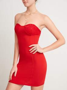 SHEIN 拼接蕾絲露背抹胸連衣裙 - 紅色 - 查看 5