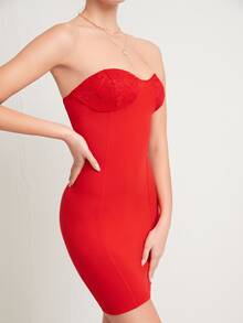 SHEIN 拼接蕾絲露背抹胸連衣裙 - 紅色 - 查看 3