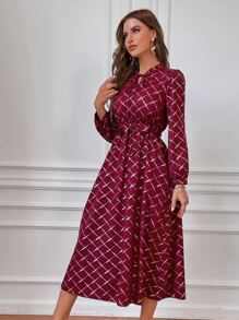 Modelyn Váy cổ lọ tay lỡ in họa tiết Argyle màu đỏ tía vàng - Màu Đỏ Sâu - Xem 4