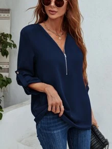 SHEIN LUNE Half Zipper Roll Tab Sleeve Blouse - Navy Blue - View 1