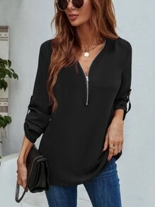 SHEIN LUNE Half Zipper Roll Tab Sleeve Blouse - Black - View 3