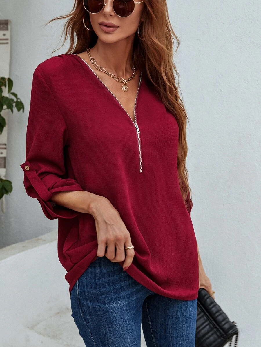 SHEIN LUNE 半拉鏈捲邊袖襯衫 - 酒紅色 - 查看 1