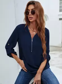 SHEIN LUNE Half Zipper Roll Tab Sleeve Blouse - Navy Blue - View 3